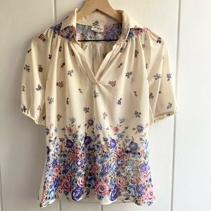 70s Vintage Floral Sheer Bohemian Collared Blouse